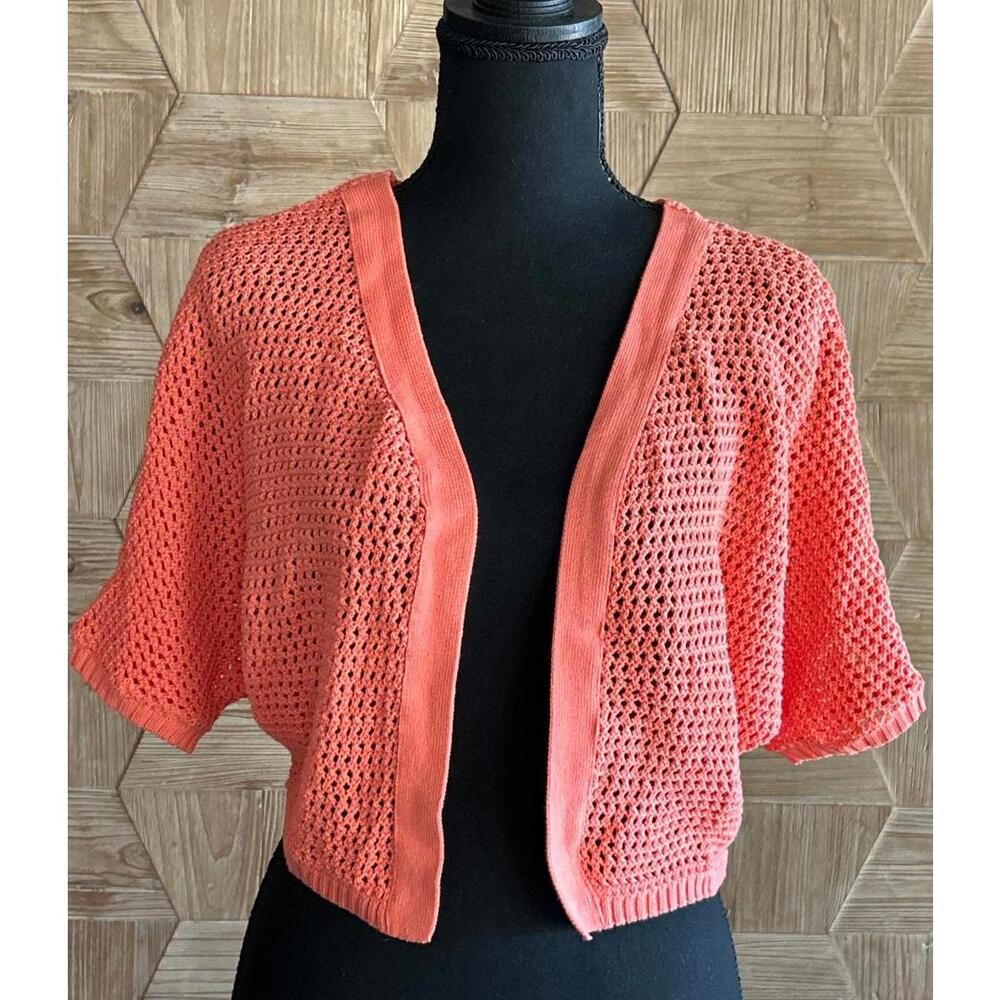 Womens Cropped Cardigan S/M Peach Short Sleeve Crochet Open Front Boho Fairy